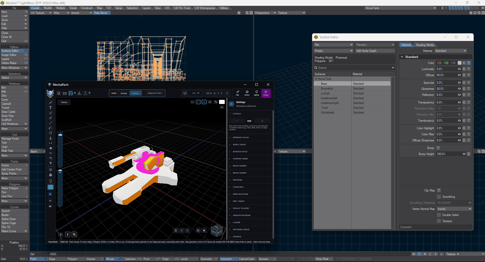 LightWave surfaces listed as paintable submeshes in the Meshes sidebar