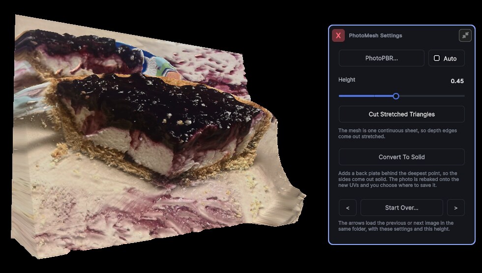 The generated pie mesh in the viewport beside the PhotoMesh Settings window, showing the Height slider at 0.45